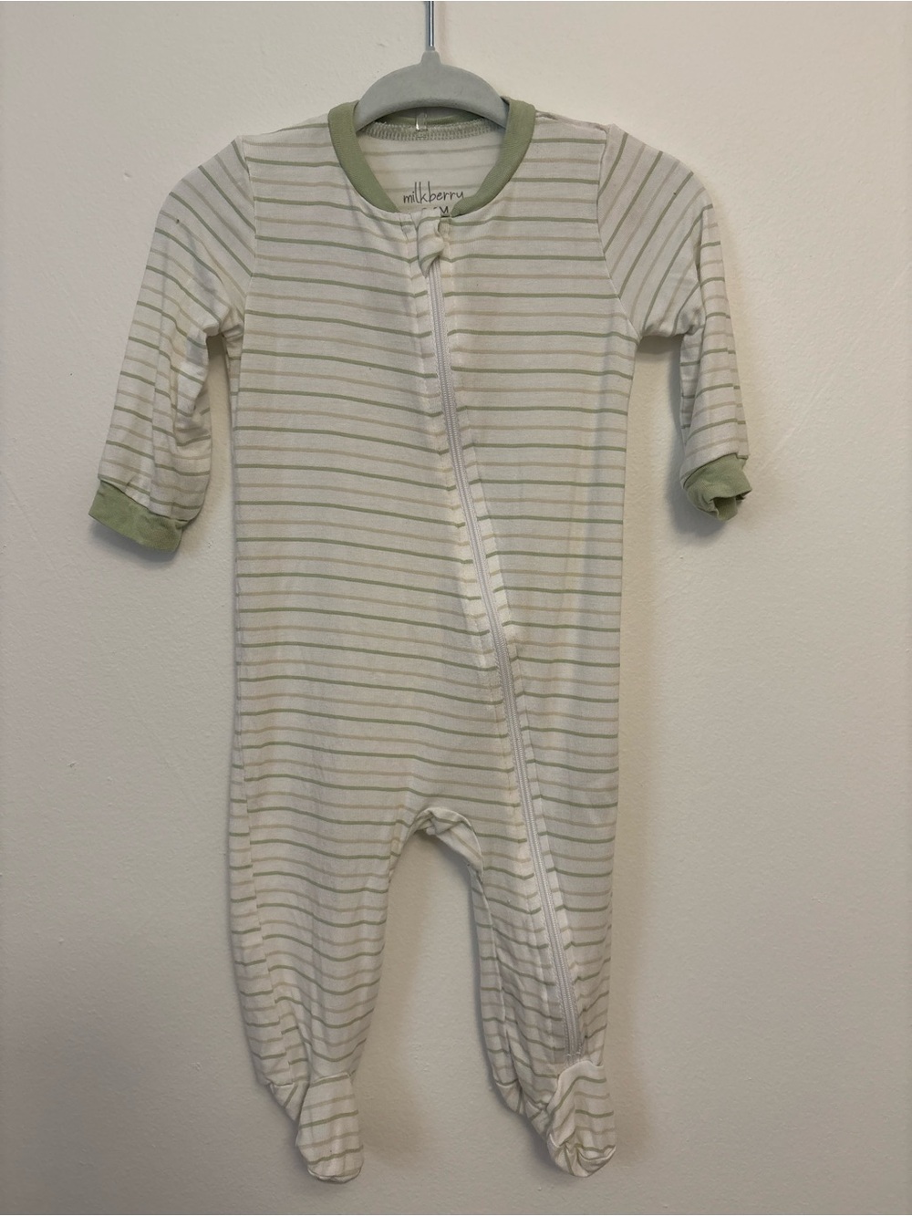 Milkberry Cream and Light Green Striped Footed One-Piece